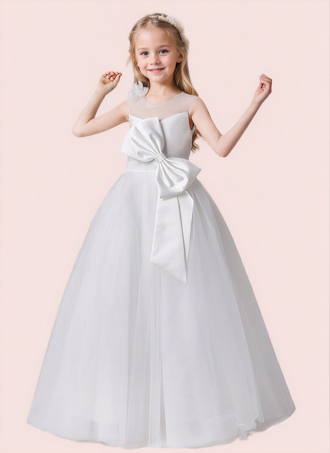 Floryme Ball-Gown/Princess Scoop Satin Tulle Floor Length Flower Girl Dress With Bow