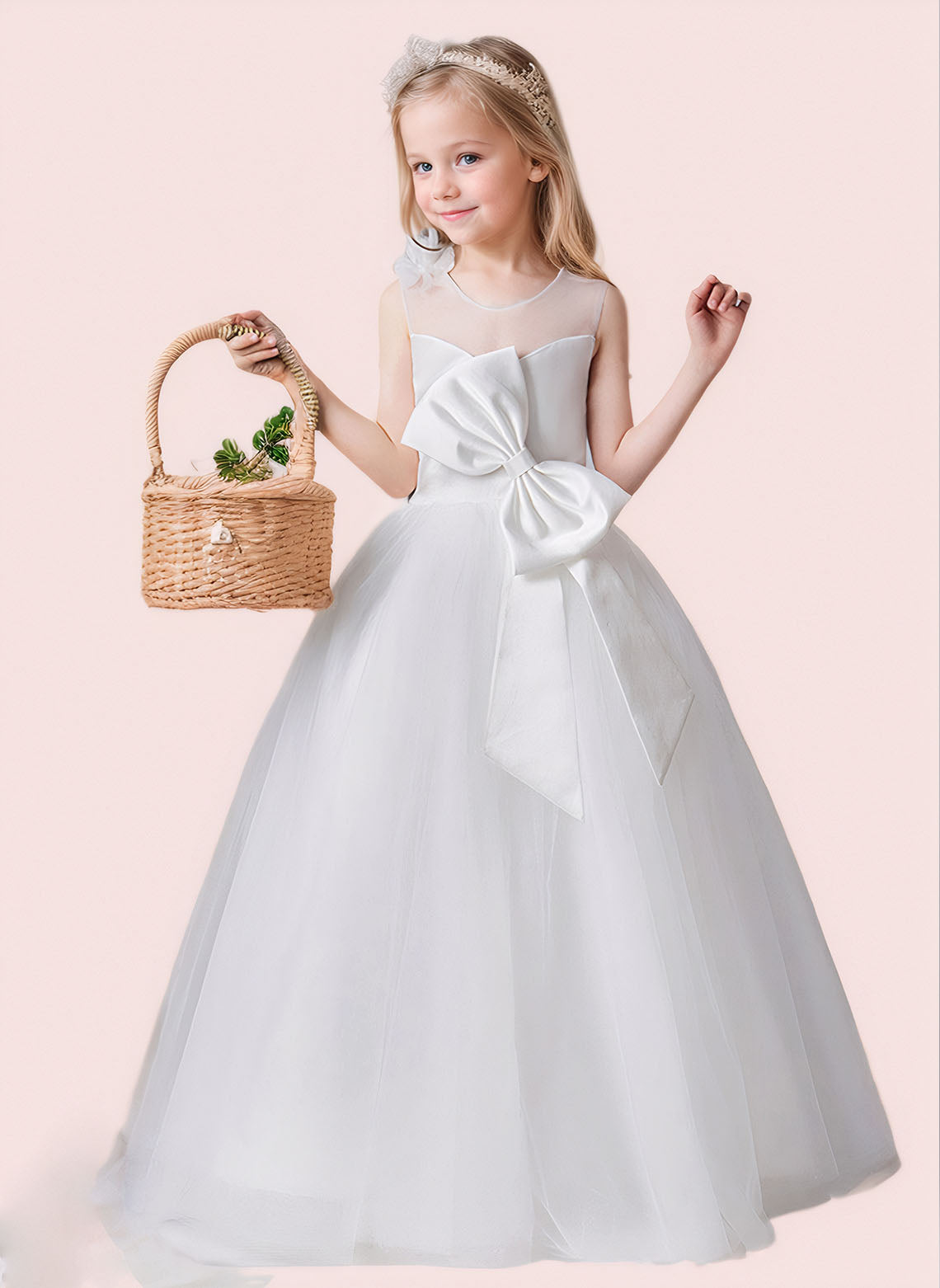Floryme Ball-Gown/Princess Scoop Satin Tulle Floor Length Flower Girl Dress With Bow