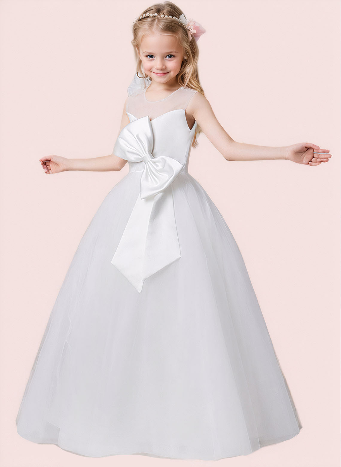 Floryme Ball-Gown/Princess Scoop Satin Tulle Floor Length Flower Girl Dress With Bow