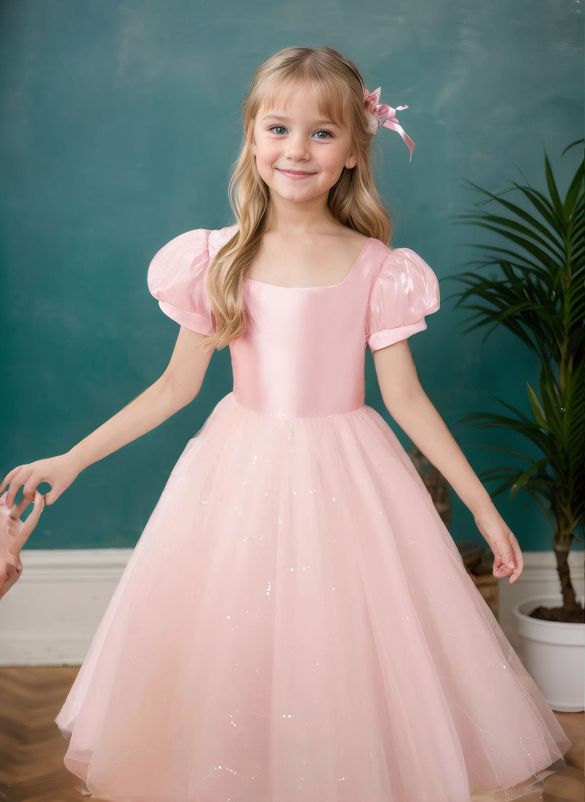 Floryme Ball-Gown/Princess Square Neck Satin Tulle Tea Length Girl‘s Dress