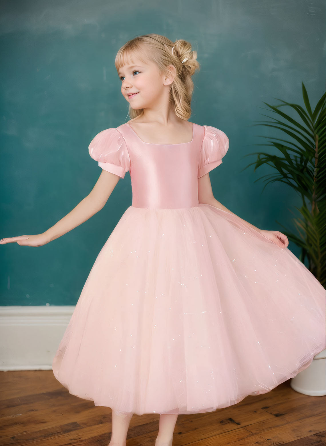 Floryme Ball-Gown/Princess Square Neck Satin Tulle Tea Length Girl‘s Dress