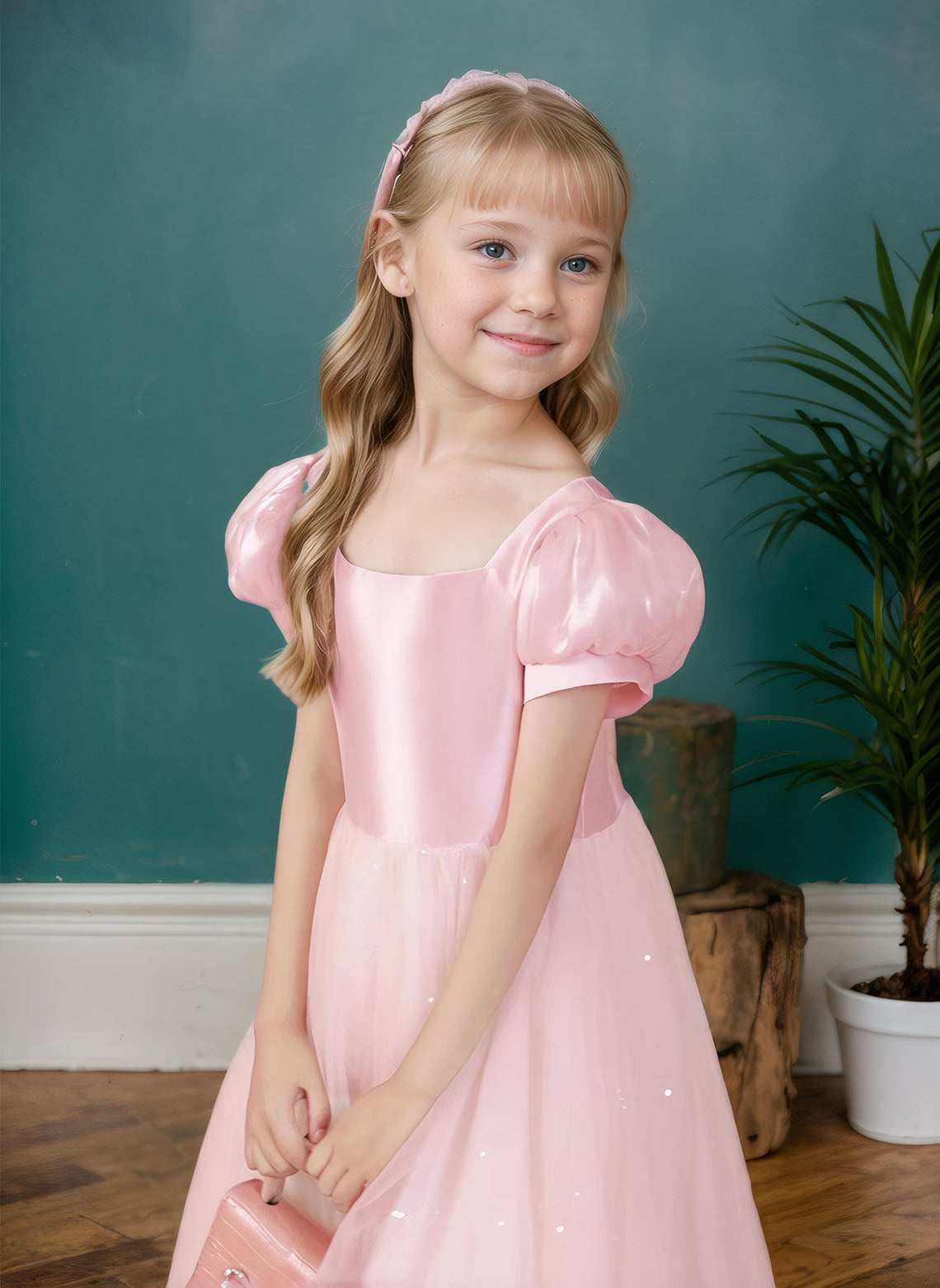 Floryme Ball-Gown/Princess Square Neck Satin Tulle Tea Length Girl‘s Dress
