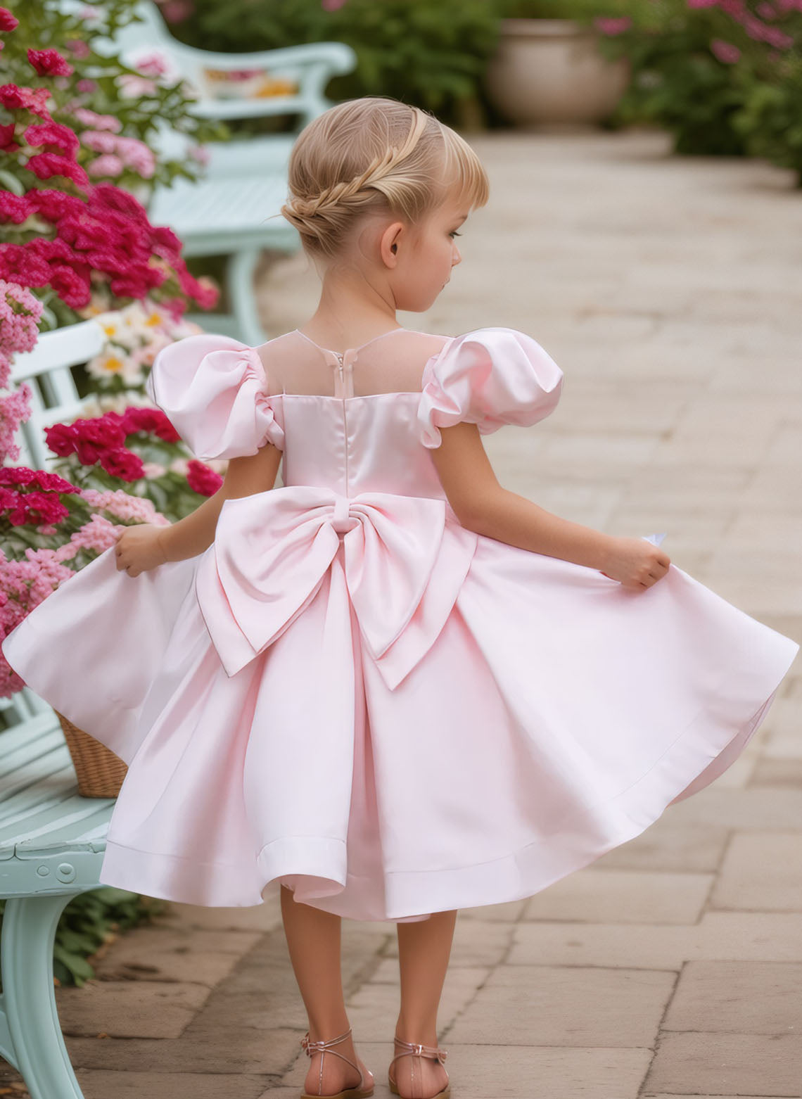Floryme Ball-Gown Scoop Satin Knee-Length Flower Girl Dress With Puffy Sleeves