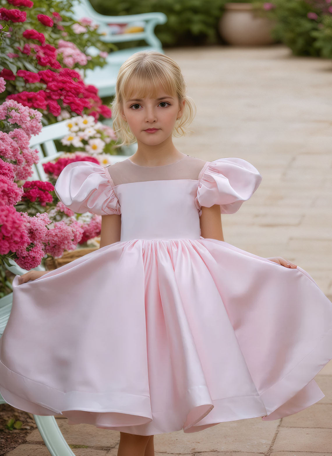 Floryme Ball-Gown Scoop Satin Knee-Length Flower Girl Dress With Puffy Sleeves
