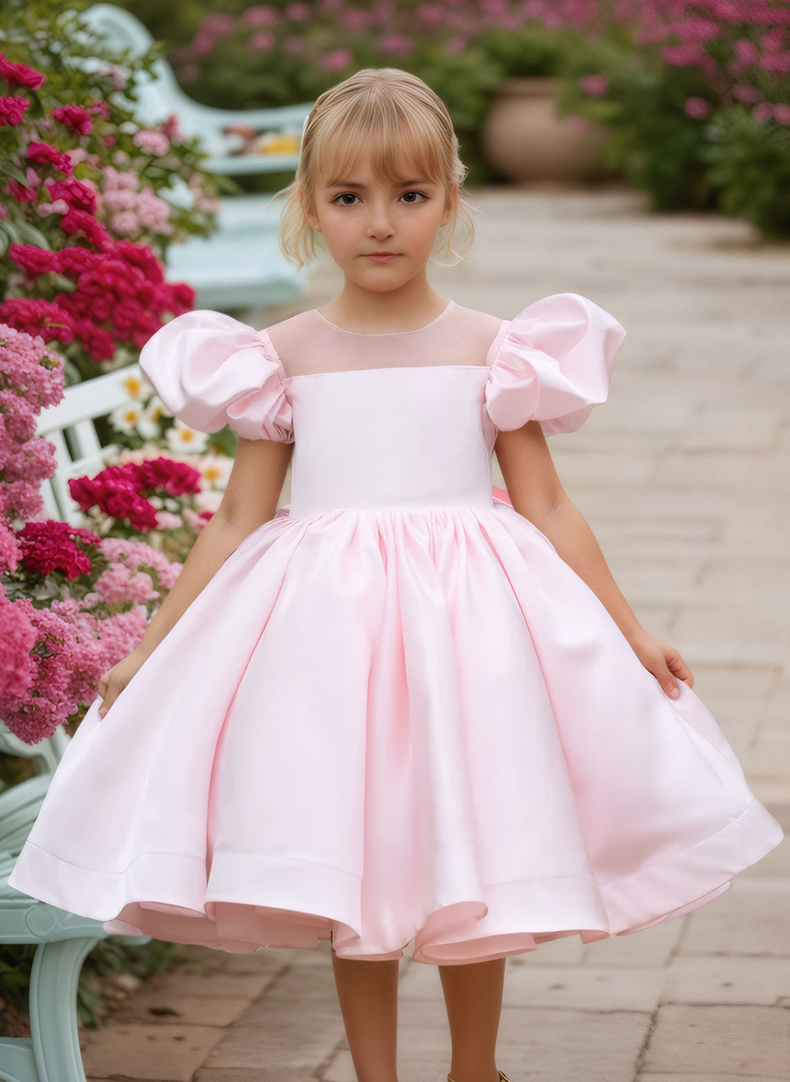 Floryme Ball-Gown Scoop Satin Knee-Length Flower Girl Dress With Puffy Sleeves