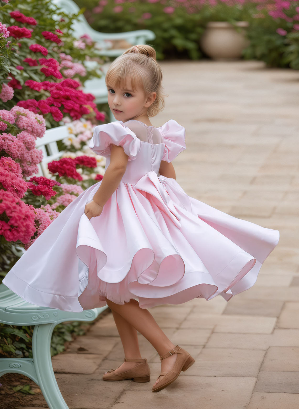 Floryme Ball-Gown Scoop Satin Knee-Length Flower Girl Dress With Puffy Sleeves
