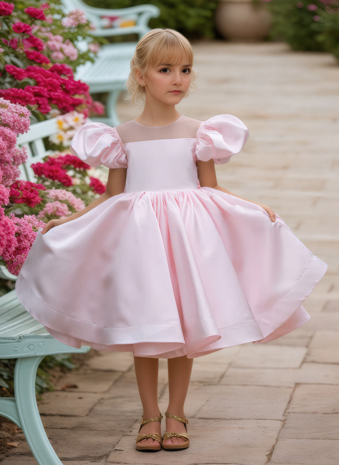 Floryme Ball-Gown Scoop Satin Knee-Length Flower Girl Dress With Puffy Sleeves