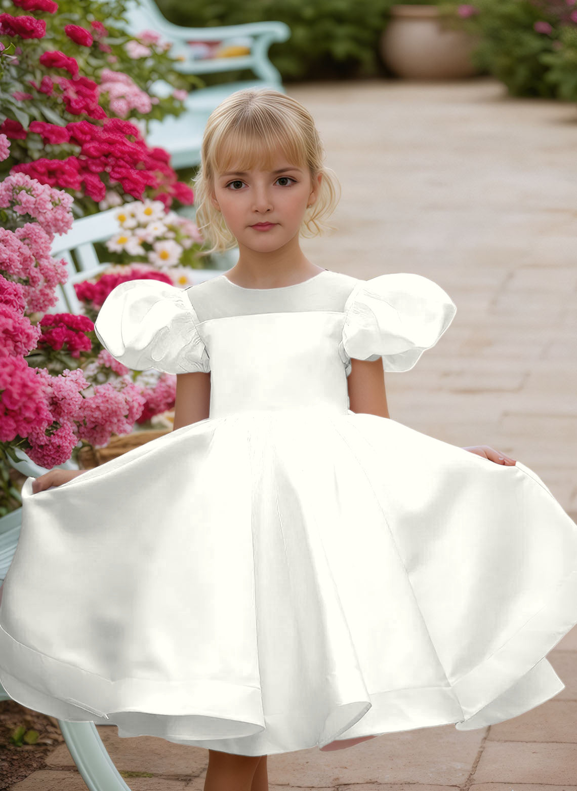 Floryme Ball-Gown Scoop Satin Knee-Length Flower Girl Dress With Puffy Sleeves