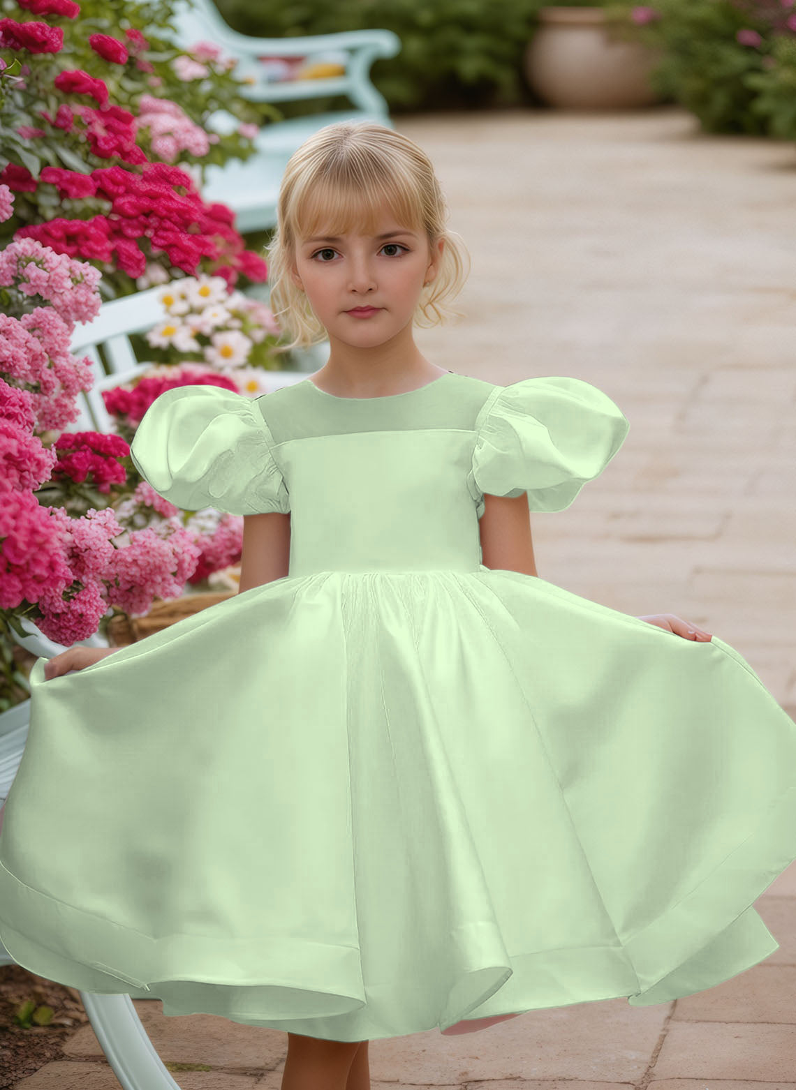 Floryme Ball-Gown Scoop Satin Knee-Length Flower Girl Dress With Puffy Sleeves