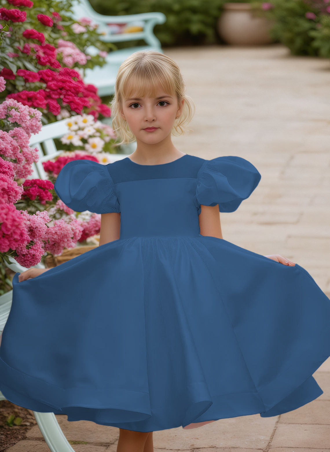 Floryme Ball-Gown Scoop Satin Knee-Length Flower Girl Dress With Puffy Sleeves