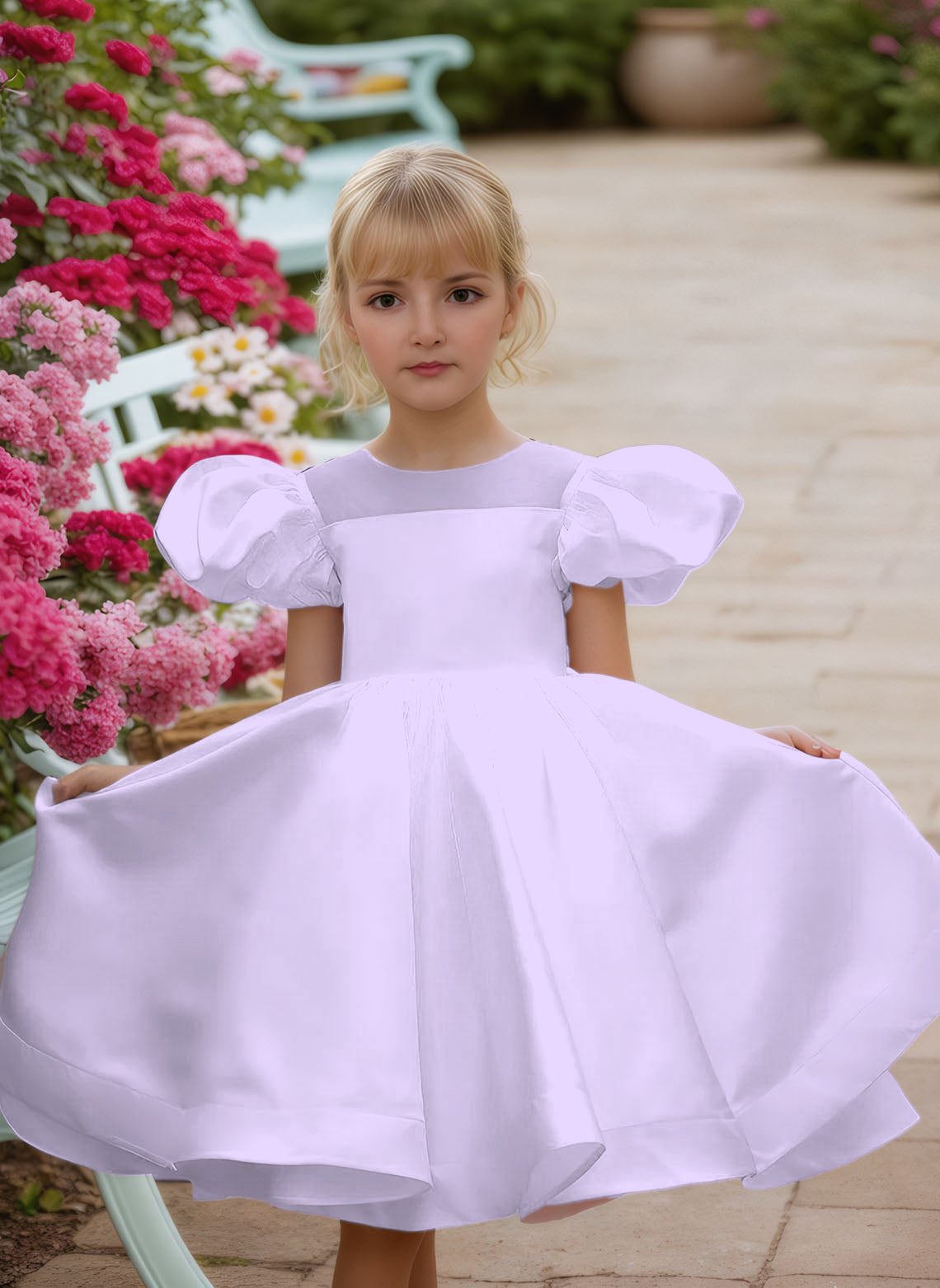 Floryme Ball-Gown Scoop Satin Knee-Length Flower Girl Dress With Puffy Sleeves