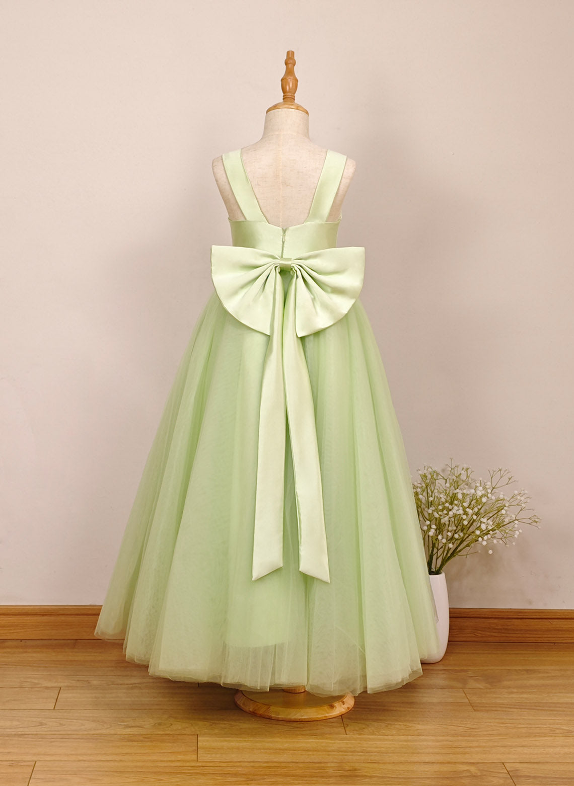 Floryme A-line V-Neck Satin/Tulle Ankle-Length Flower Girl Dress