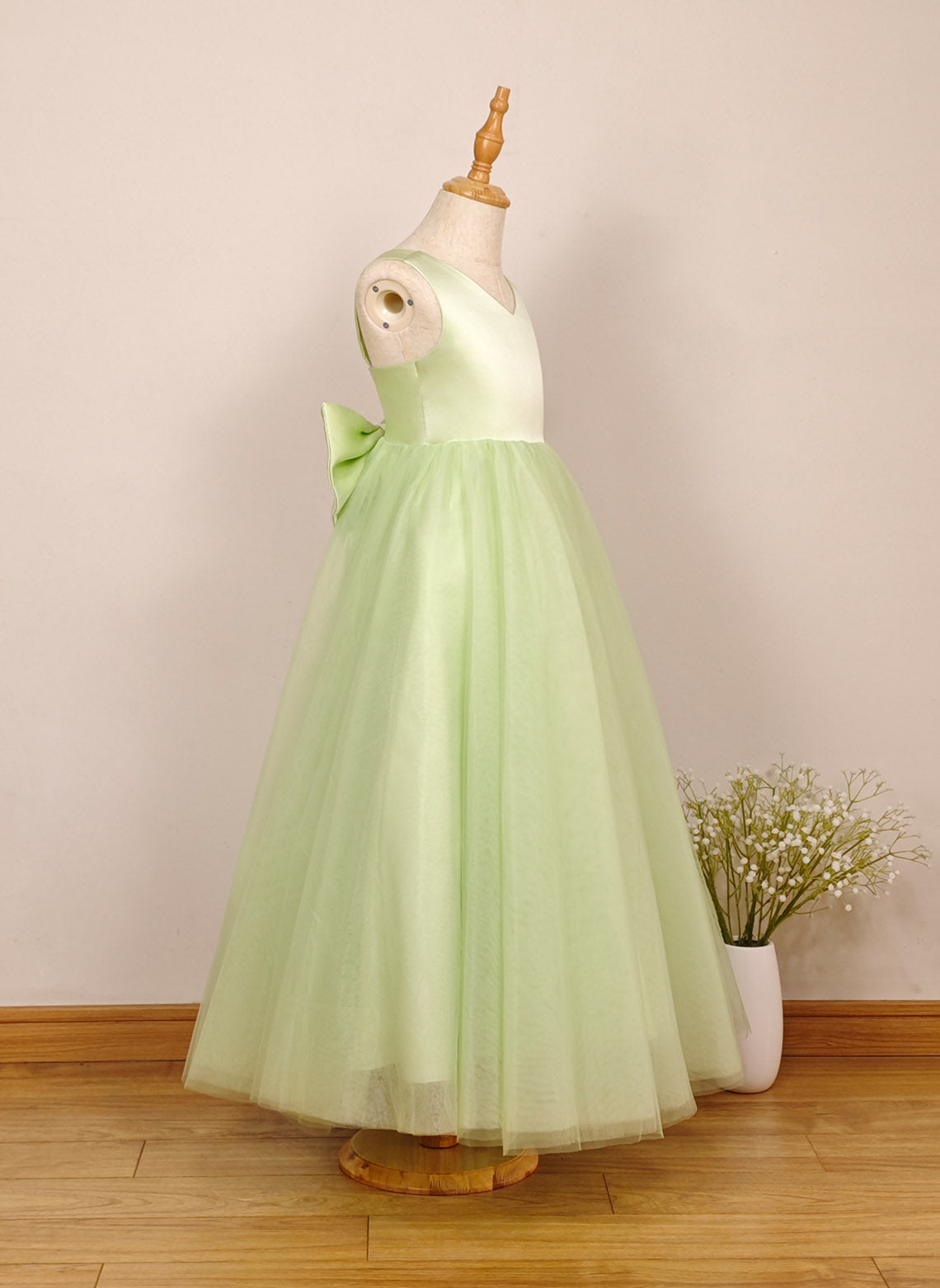 Floryme A-line V-Neck Satin/Tulle Ankle-Length Flower Girl Dress