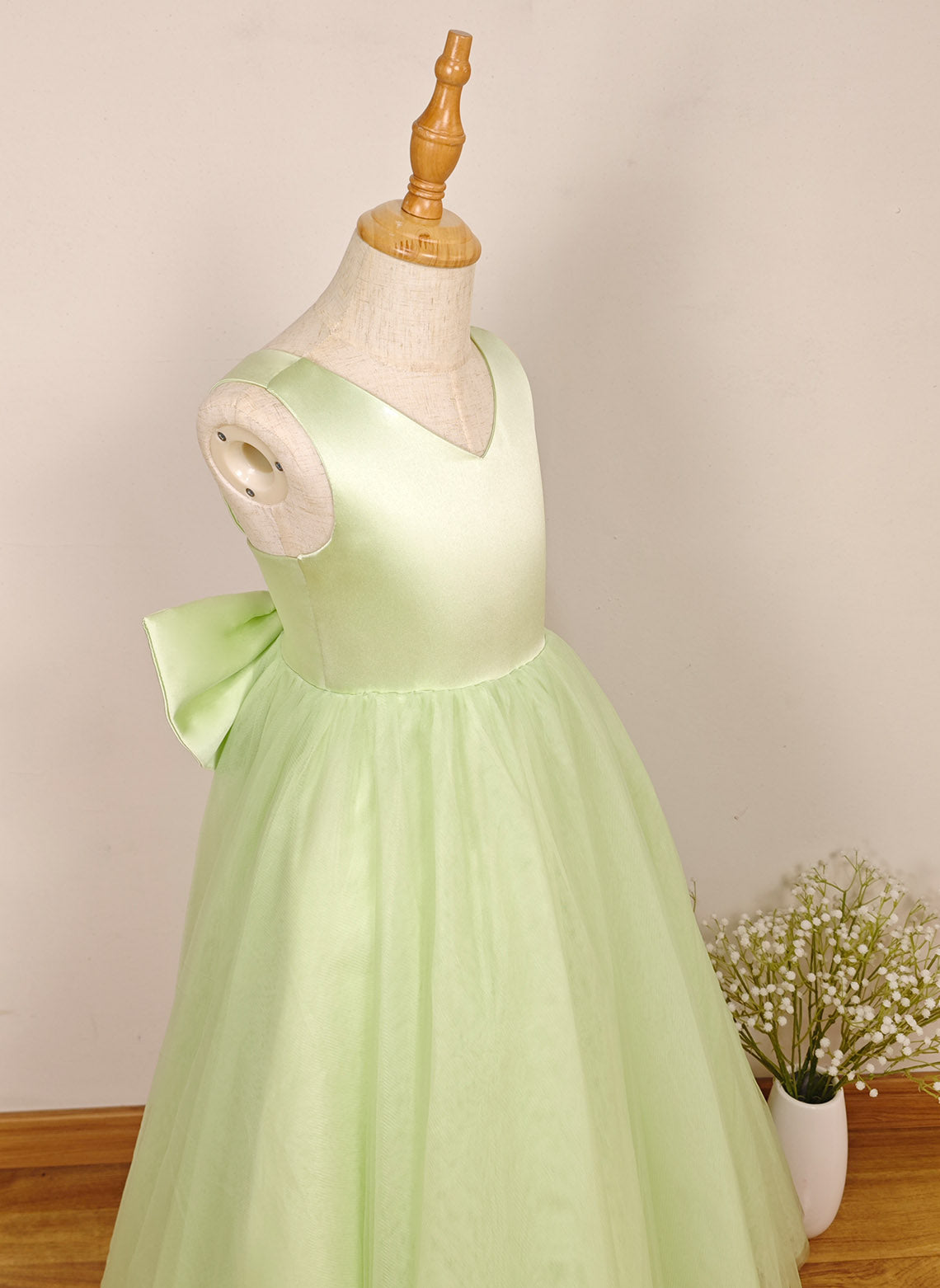 Floryme A-line V-Neck Satin/Tulle Ankle-Length Flower Girl Dress