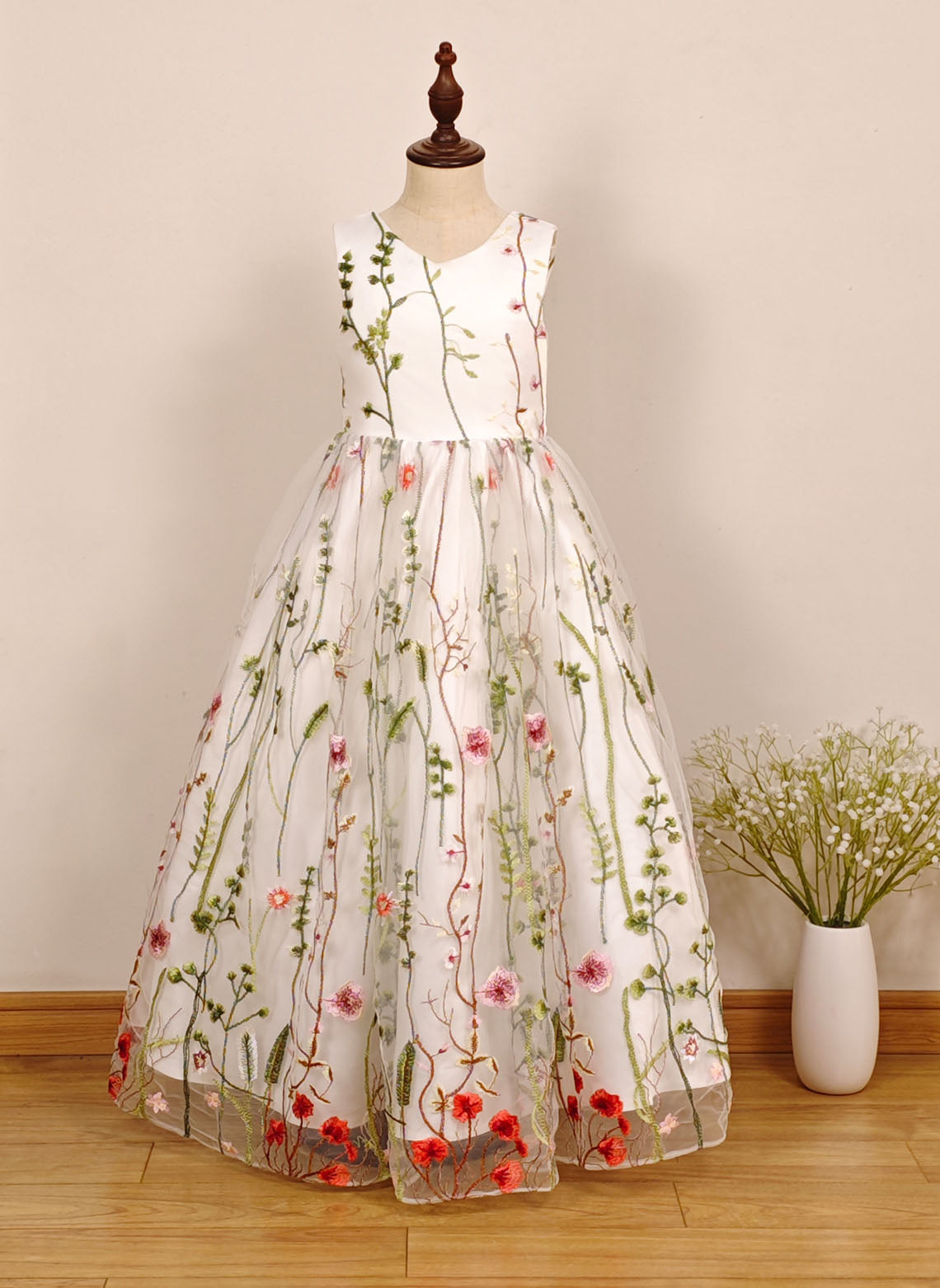 A-line V-Neck Lace/Floral Floor-Length Flower Girl Dress With Bow