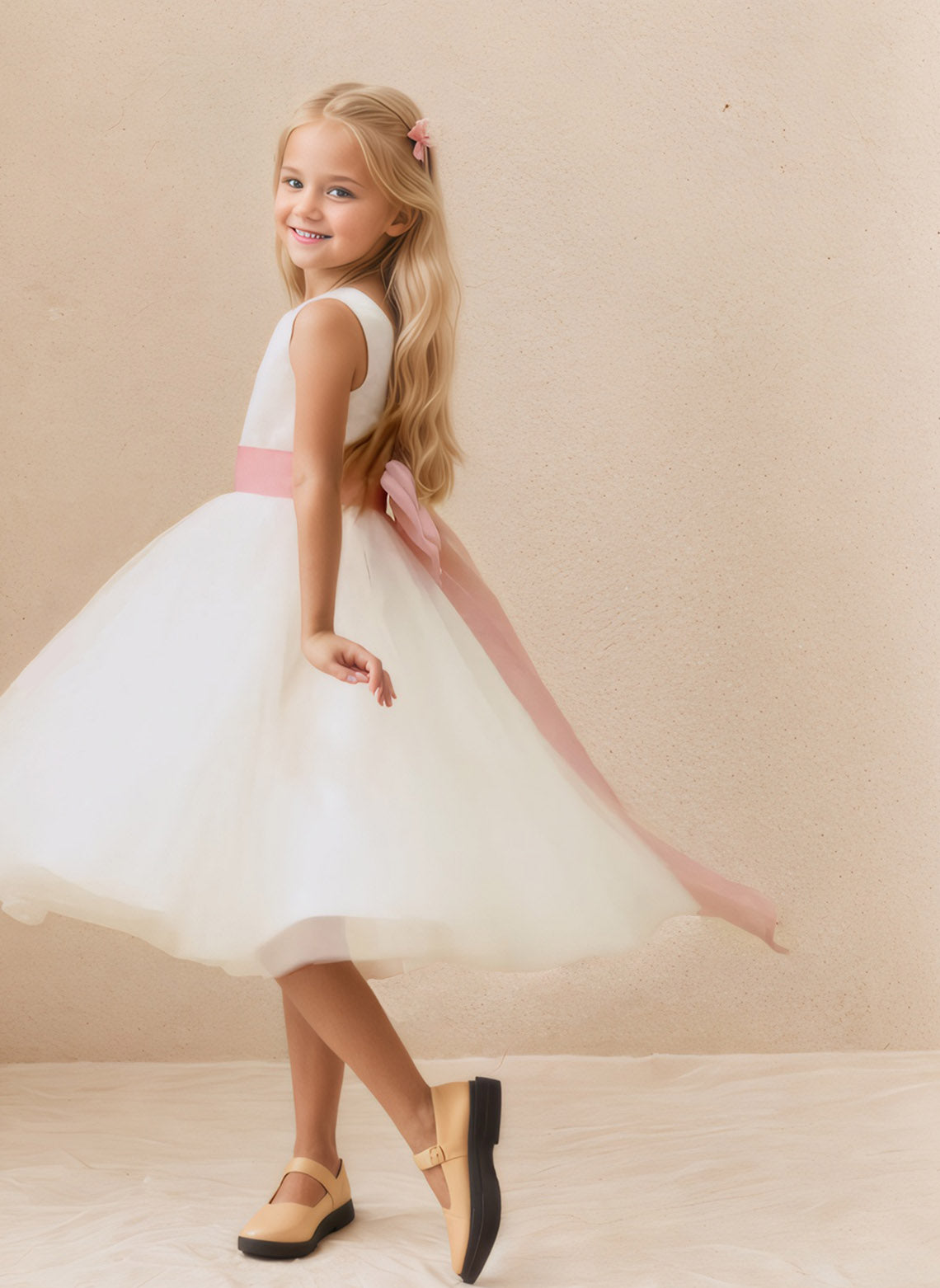 Floryme A-line Satin/Tulle Scoop Tea-Length Flower Girl Dress With Bow