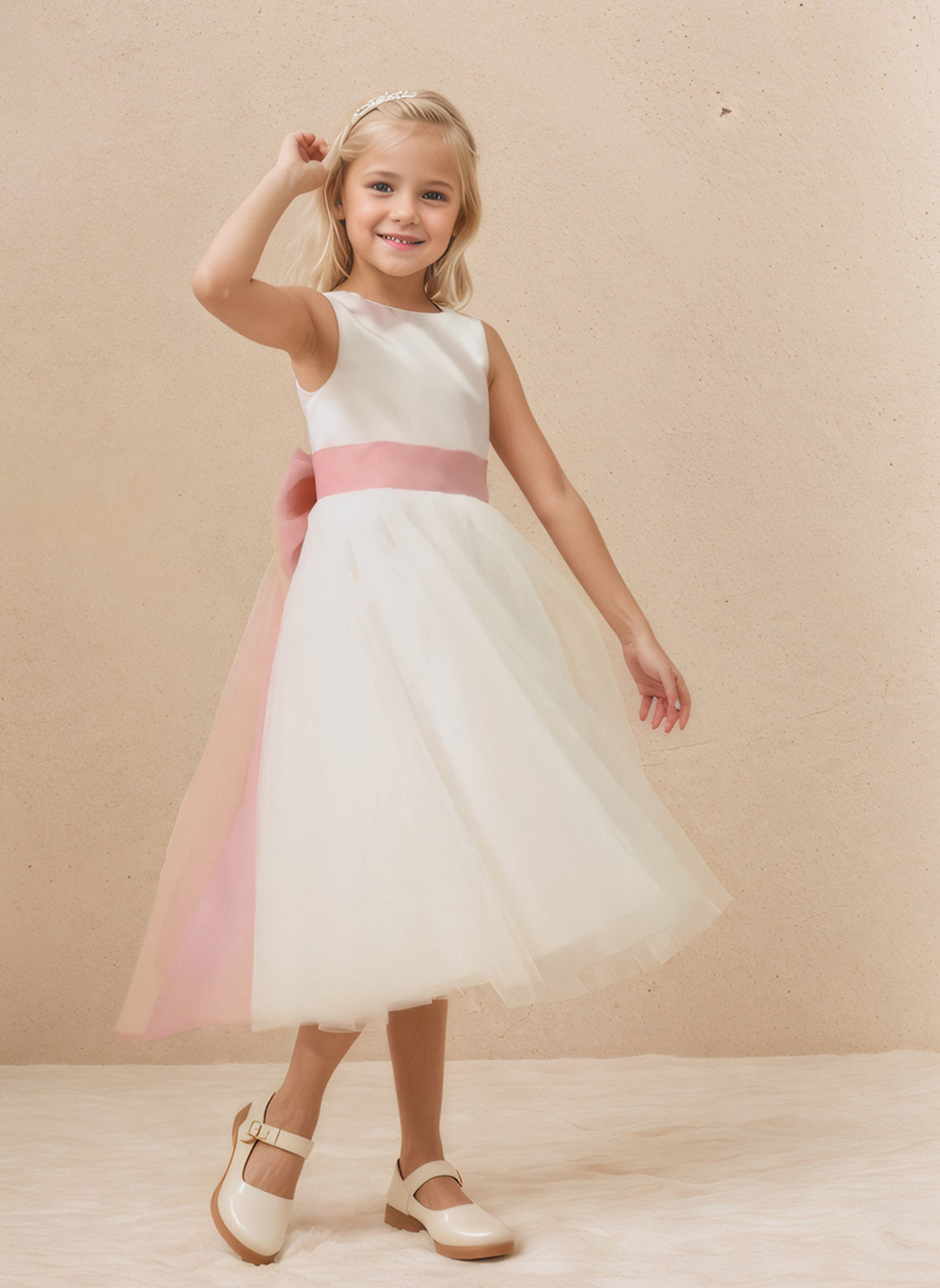Floryme A-line Satin/Tulle Scoop Tea-Length Flower Girl Dress With Bow