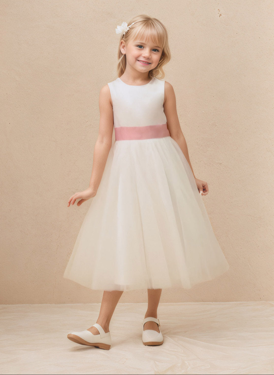 Floryme A-line Satin/Tulle Scoop Tea-Length Flower Girl Dress With Bow