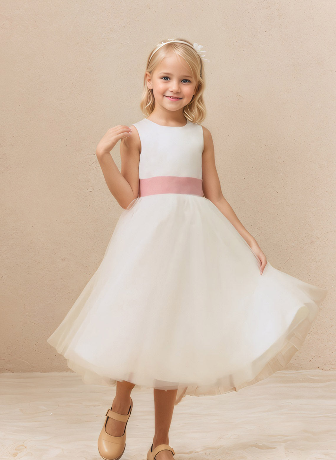Floryme A-line Satin/Tulle Scoop Tea-Length Flower Girl Dress With Bow
