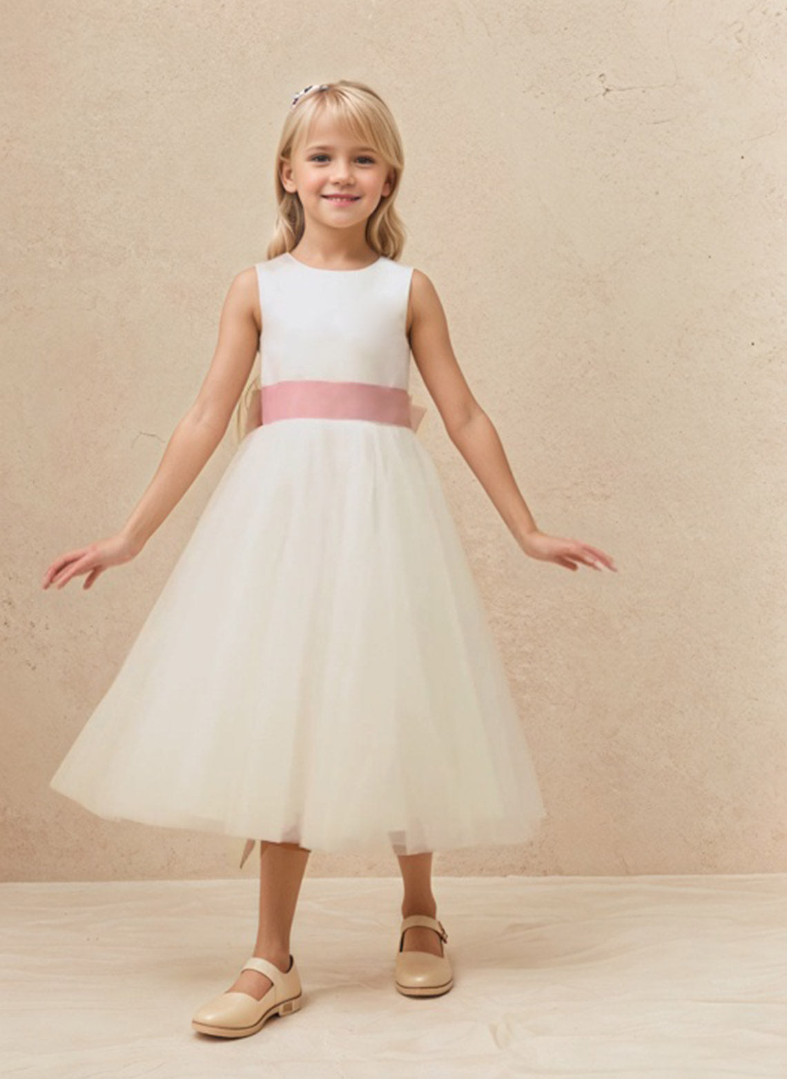 Floryme A-line Satin/Tulle Scoop Tea-Length Flower Girl Dress With Bow
