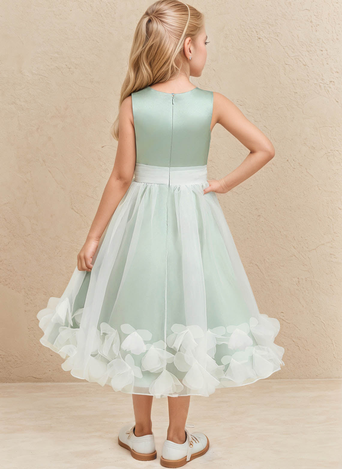 Floryme A-line Scoop Satin/Organza Tea-Length Flower Girl Dress With 3D Flowers