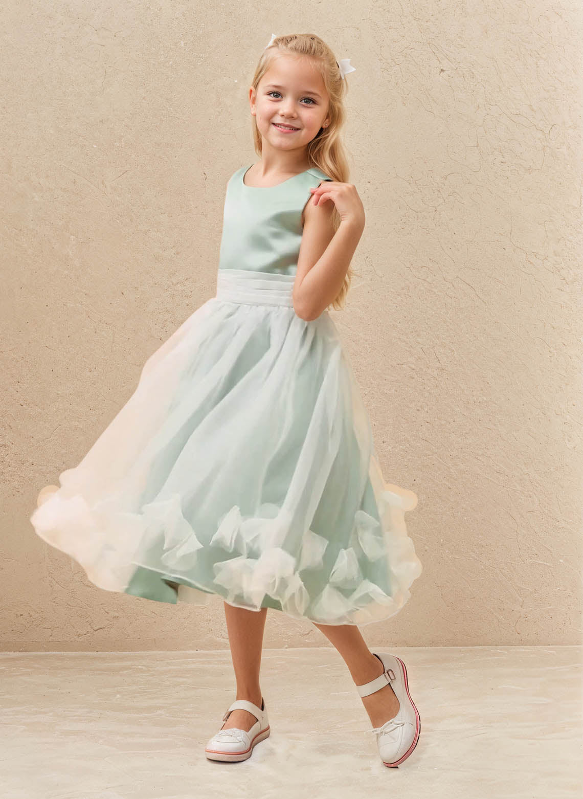 Floryme A-line Scoop Satin/Organza Tea-Length Flower Girl Dress With 3D Flowers