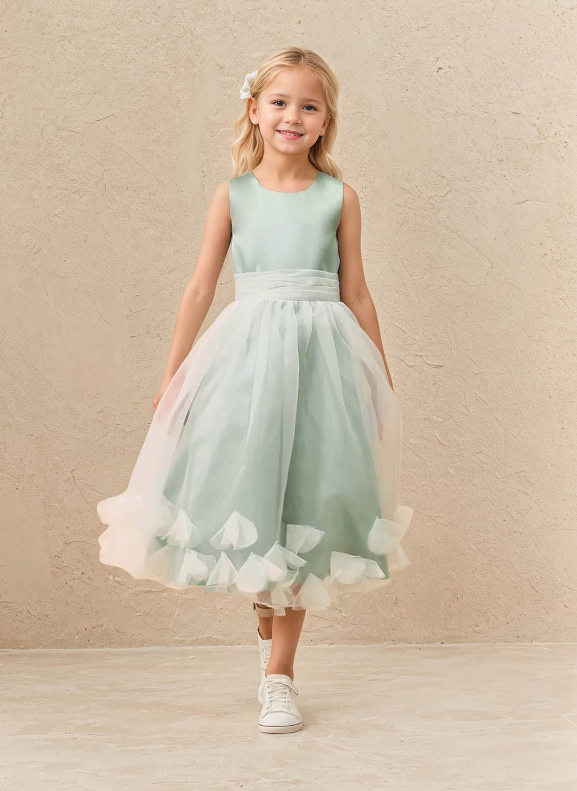 Floryme A-line Scoop Satin/Organza Tea-Length Flower Girl Dress With 3D Flowers