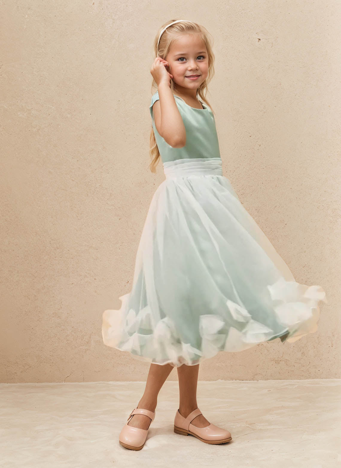 Floryme A-line Scoop Satin/Organza Tea-Length Flower Girl Dress With 3D Flowers