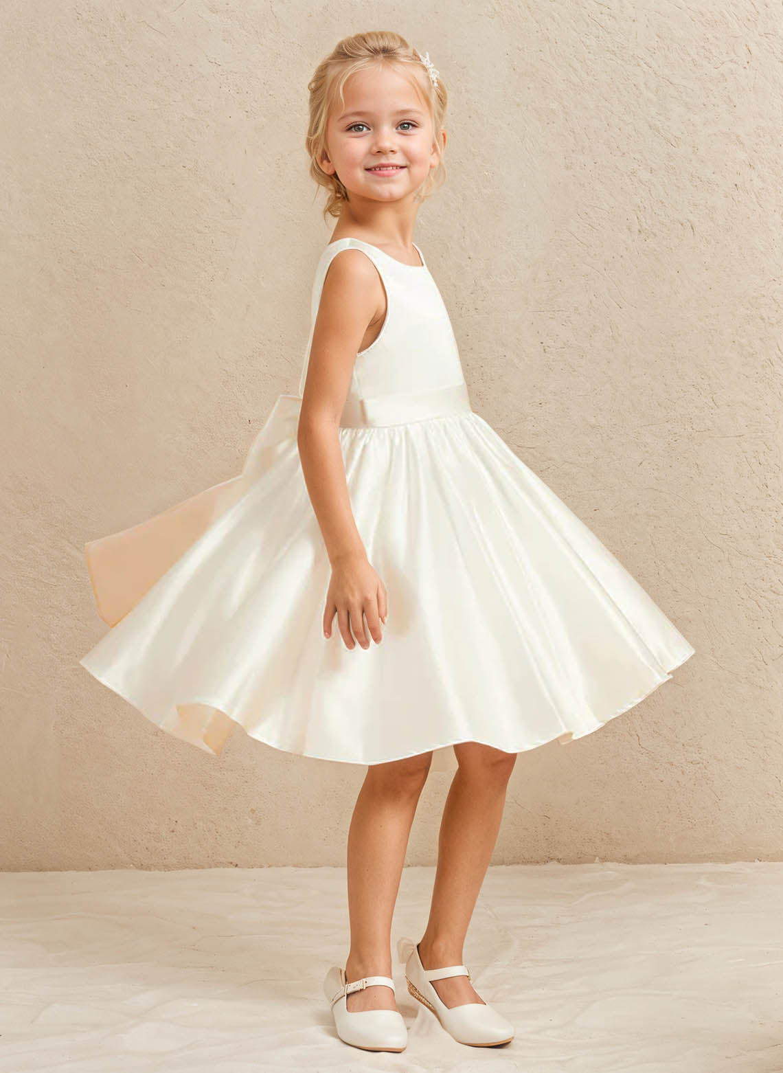 Floryme A-line Scoop Satin Knee-Length Flower Girl Dress With Bow