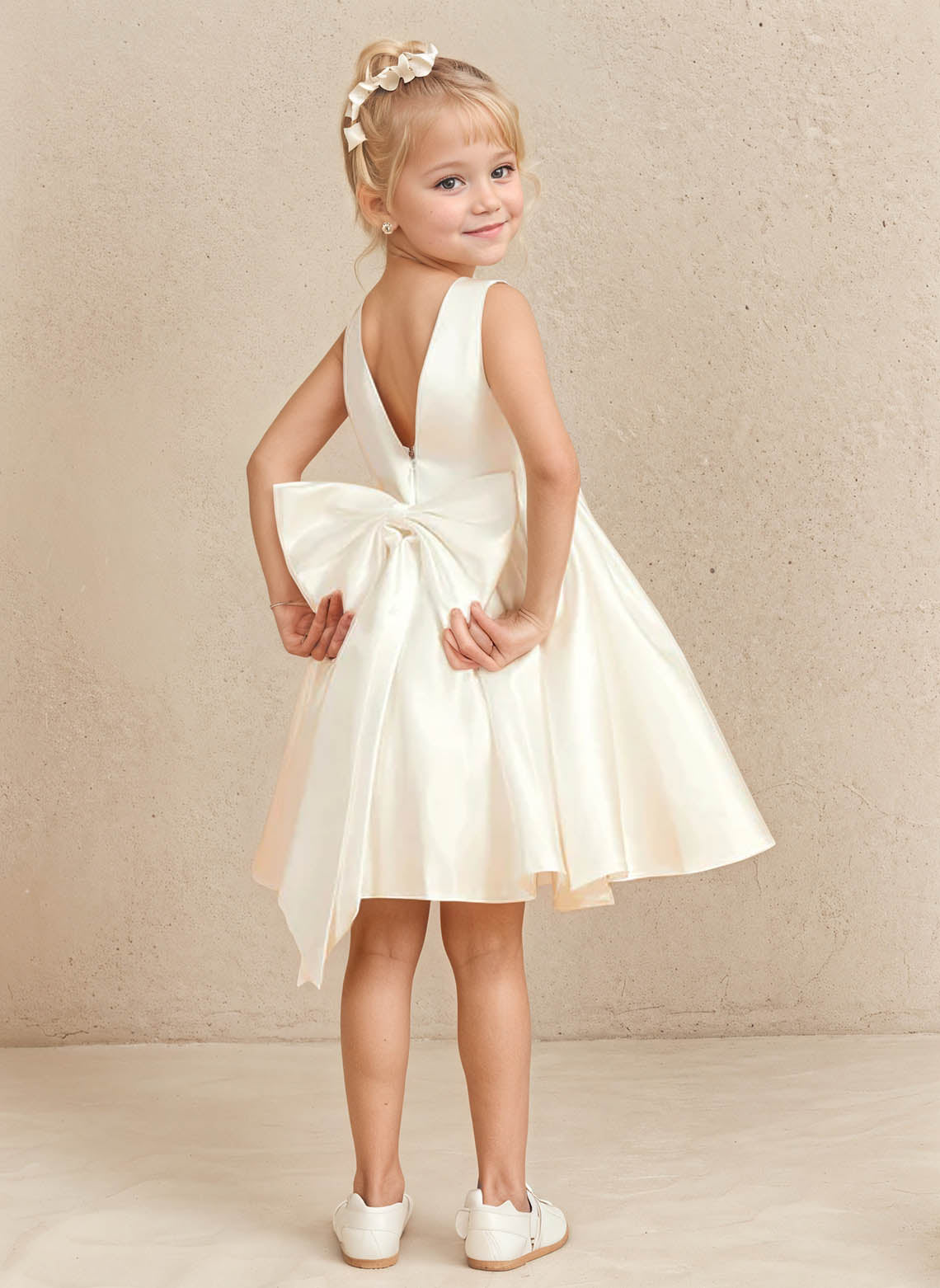 Floryme A-line Scoop Satin Knee-Length Flower Girl Dress With Bow