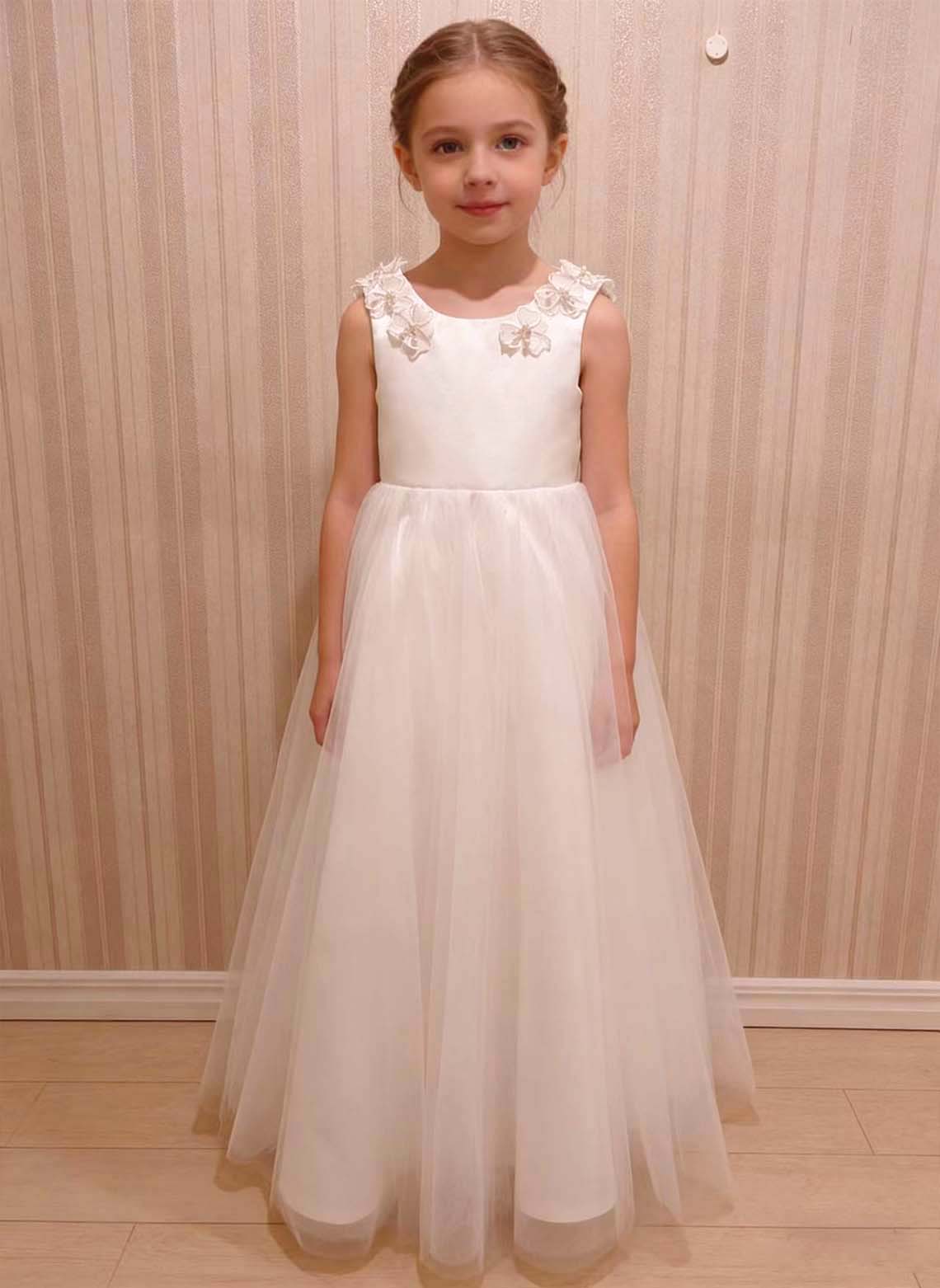 Floryme Ball-gown/Princess Scoop Neck Satin Tulle Floor-length Flower Girl Dress With Bow