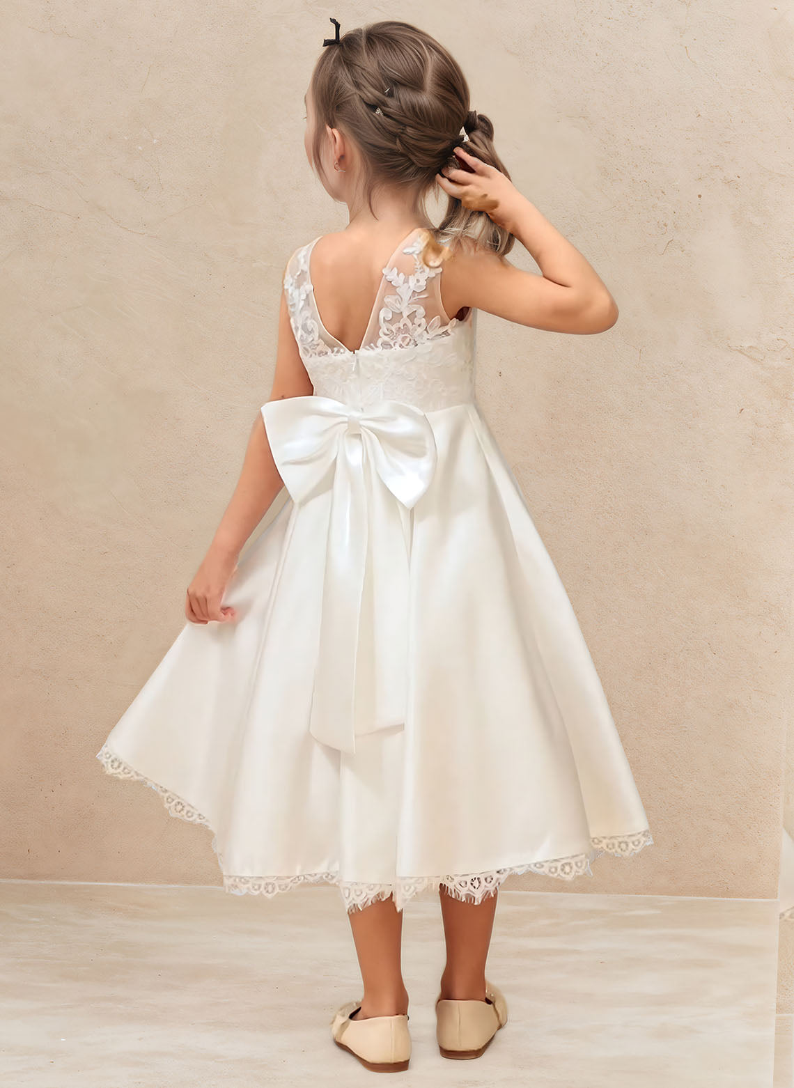 tea length tulle flower girl dress A-Line Satin COCOMELODY CF0276, 7 Days / Sea Pink / 8 Make her special day extra sweet with this charming BABARONI blushing pink flower girl dress Teter Warm Couture Special Occasion
