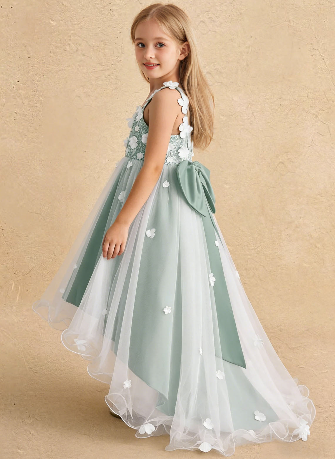 Floryme Satin Tulle Asymmetrical Flower Girl Dress With Bow