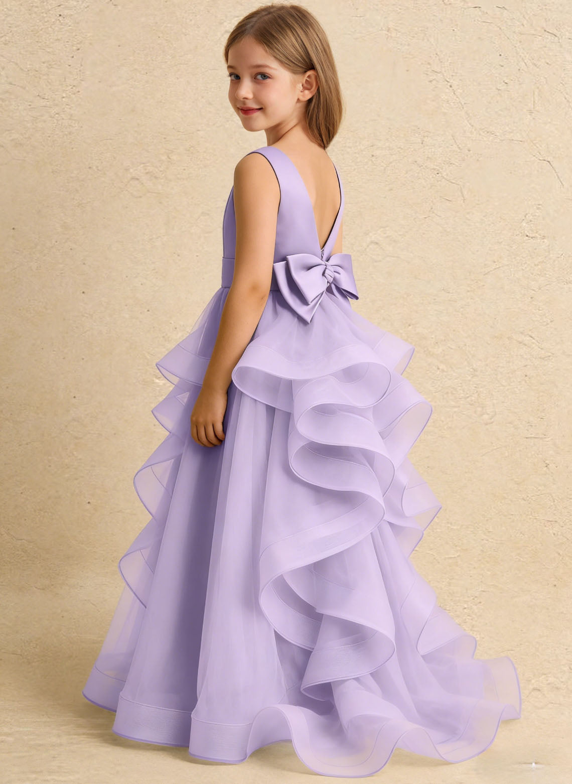 Floryme Satin Tulle Detachable Train Flower Girl Dress With Bow