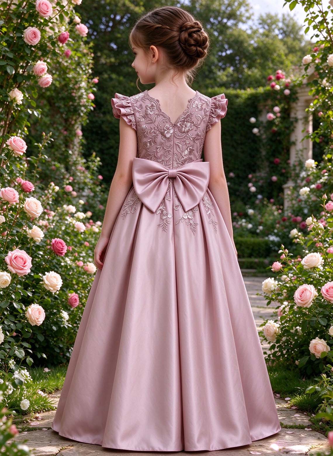 Floryme A-line Scoop Satin Lace Floor-Length Flower Girl Dress