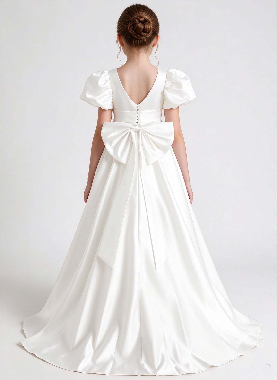 Floryme Classic White Satin A-Line Dress for First Communion