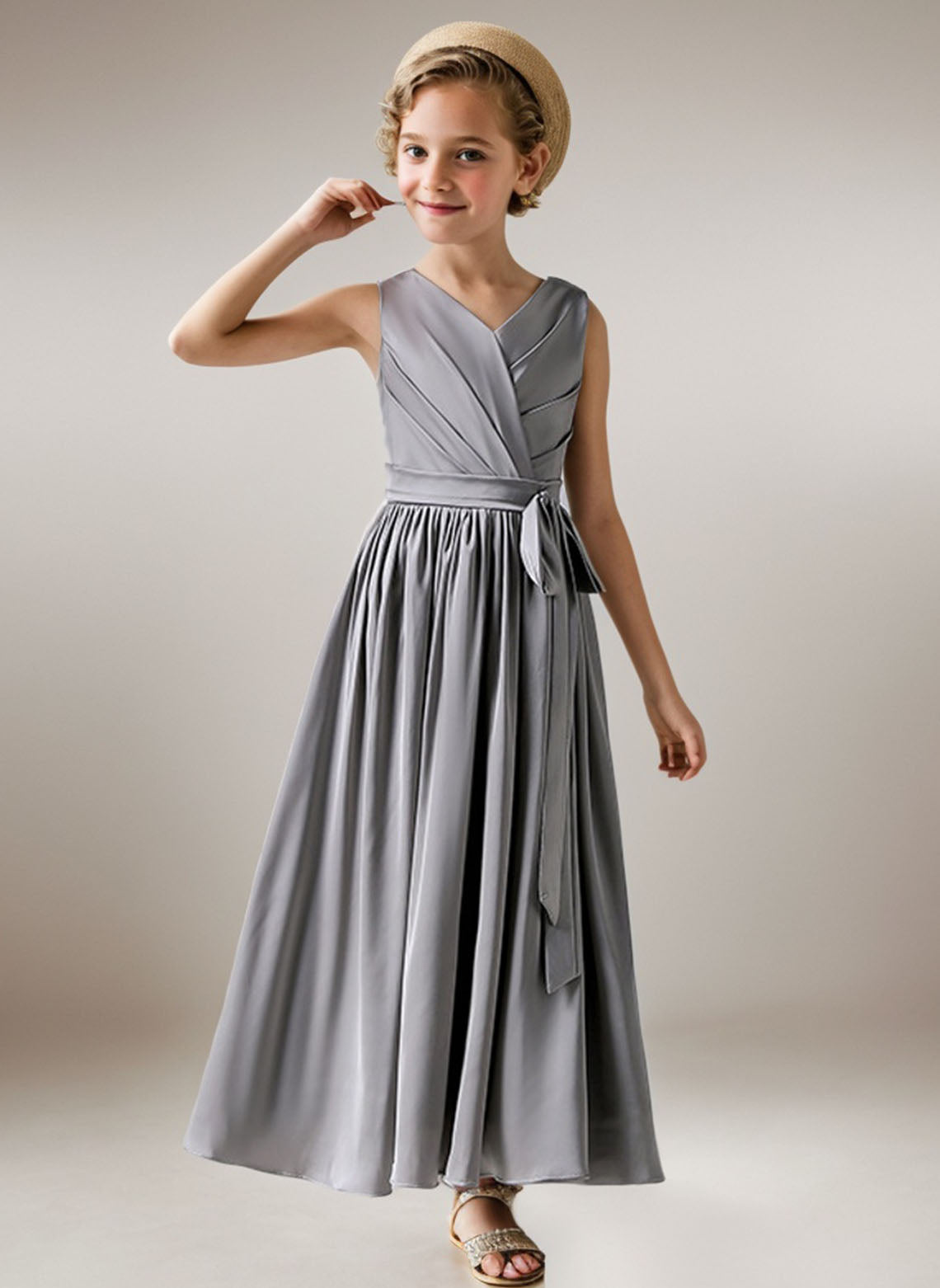 Floryme A-line V-neck Ankle-Length Chiffon Junior Bridesmaid Dress