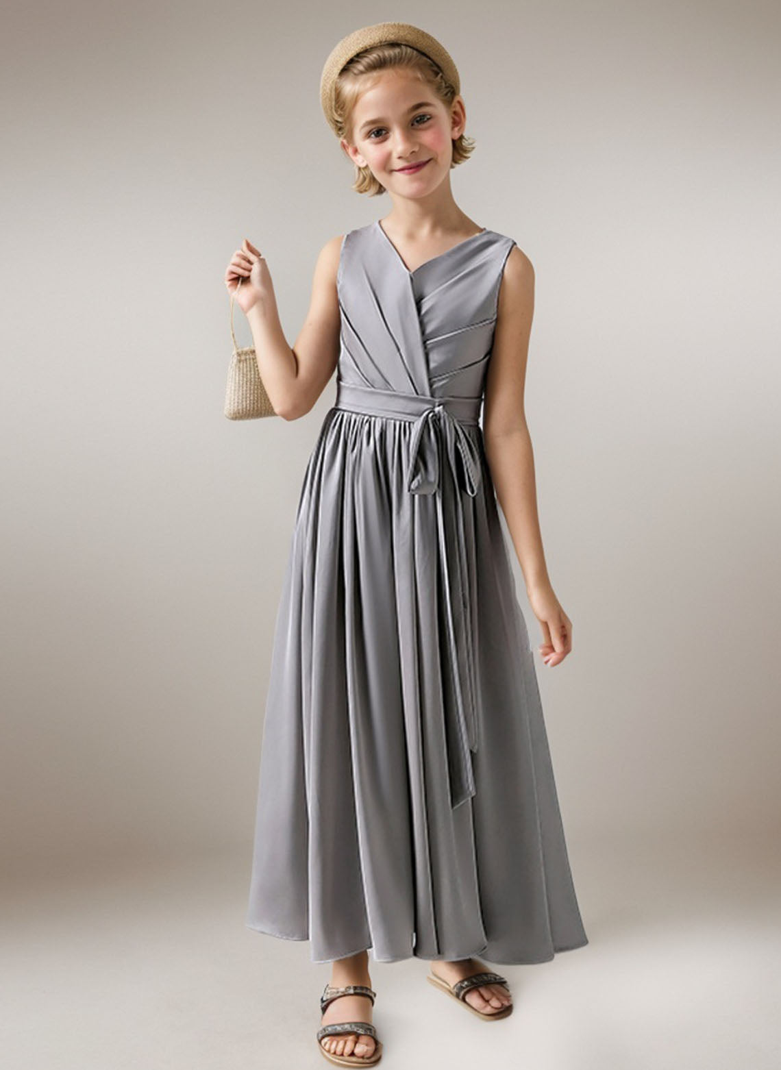 Floryme A-line V-neck Ankle-Length Chiffon Junior Bridesmaid Dress