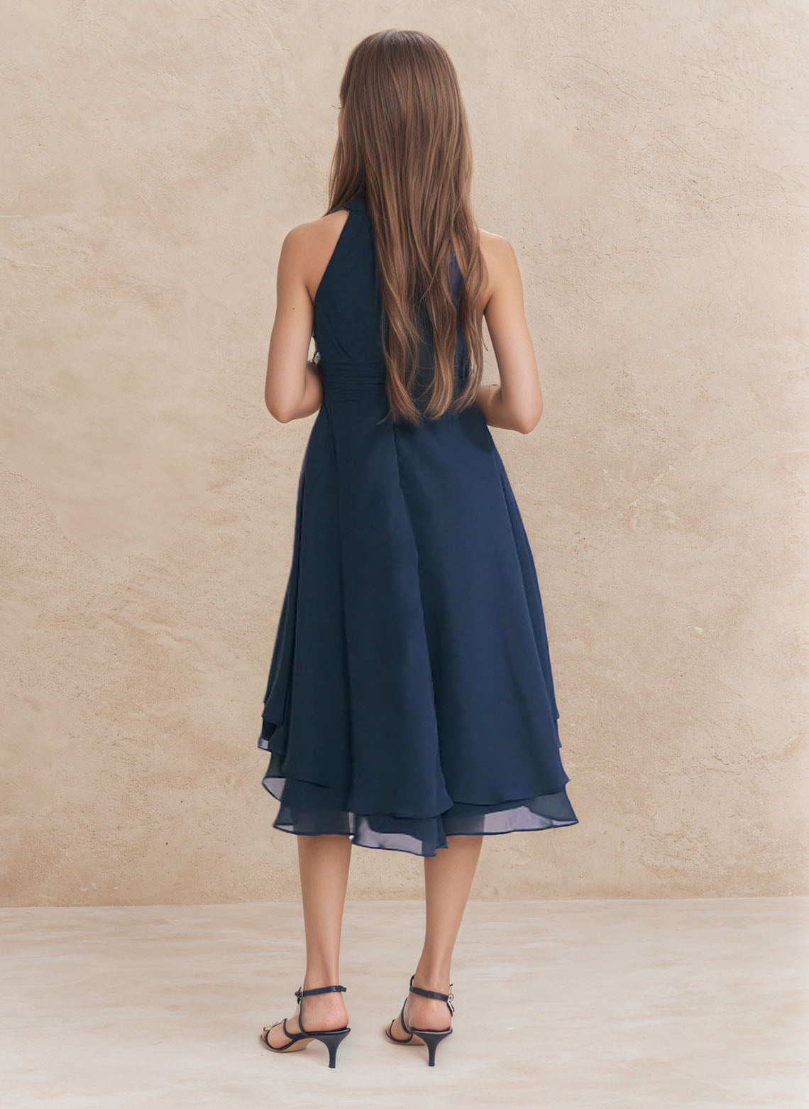Floryme A-line Halter Chiffon Asymmetrical Junior Bridesmaid Dress With Pleated