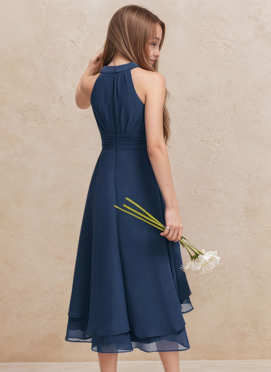 Floryme A-line Halter Chiffon Asymmetrical Junior Bridesmaid Dress With Pleated