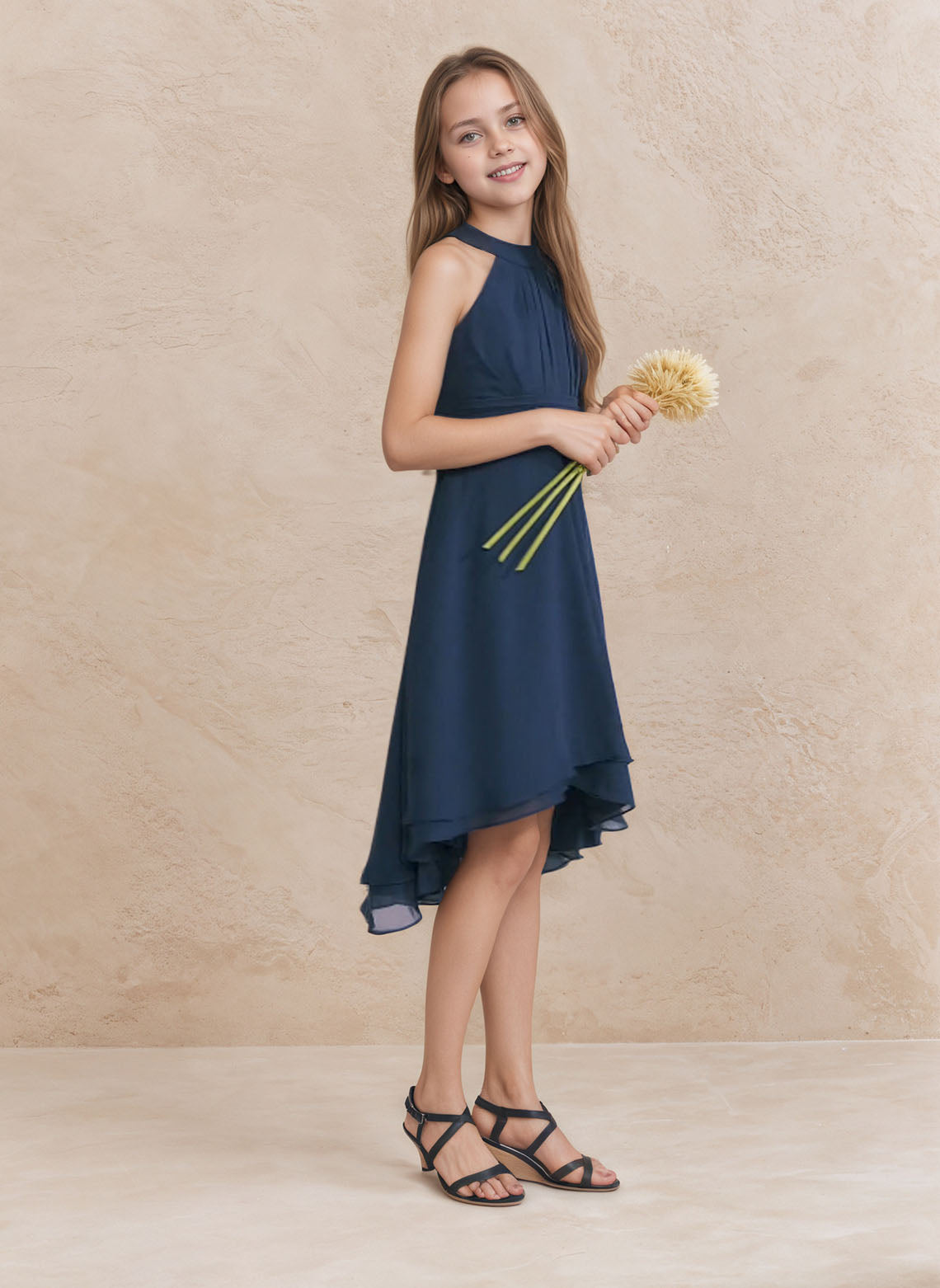 Floryme A-line Halter Chiffon Asymmetrical Junior Bridesmaid Dress With Pleated