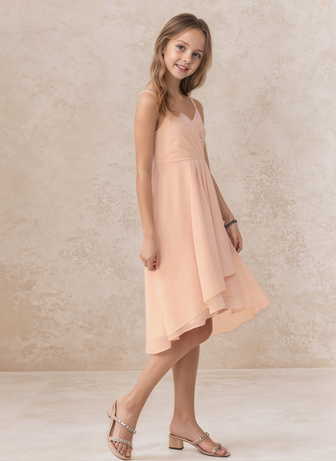 Floryme A-line V-Neck Chiffon Asymmetrical Junior Bridesmaid Dress