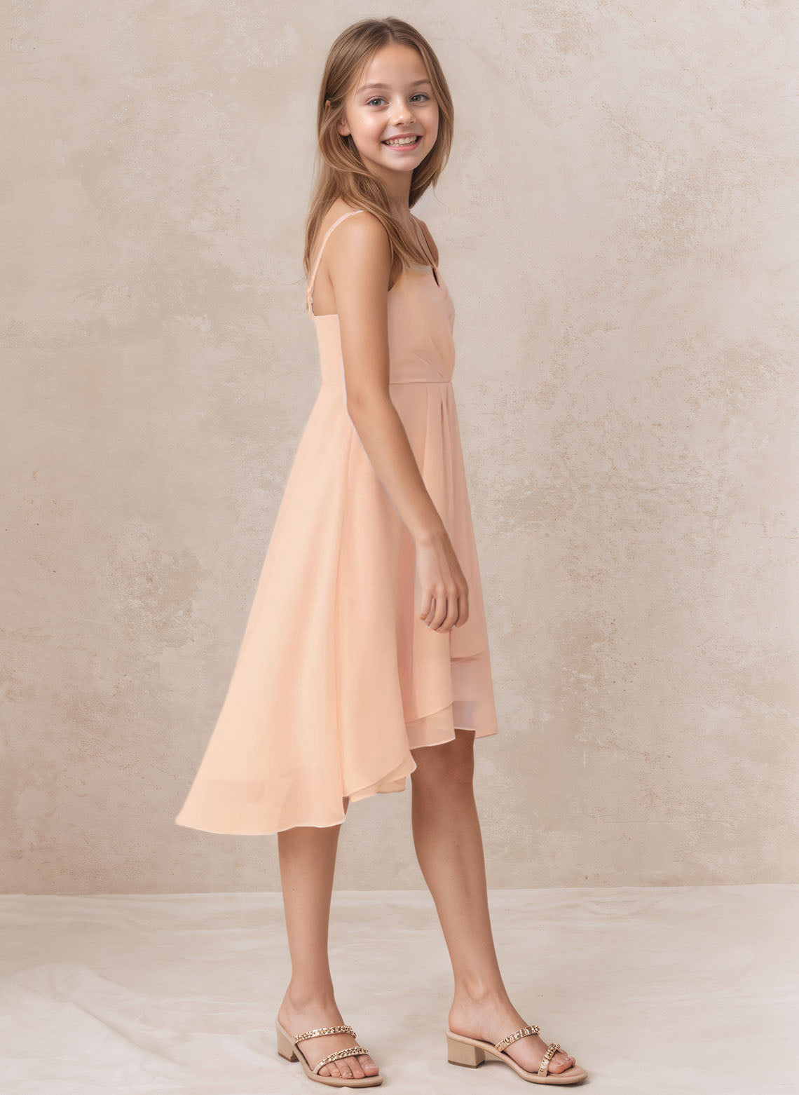 Floryme A-line V-Neck Chiffon Asymmetrical Junior Bridesmaid Dress