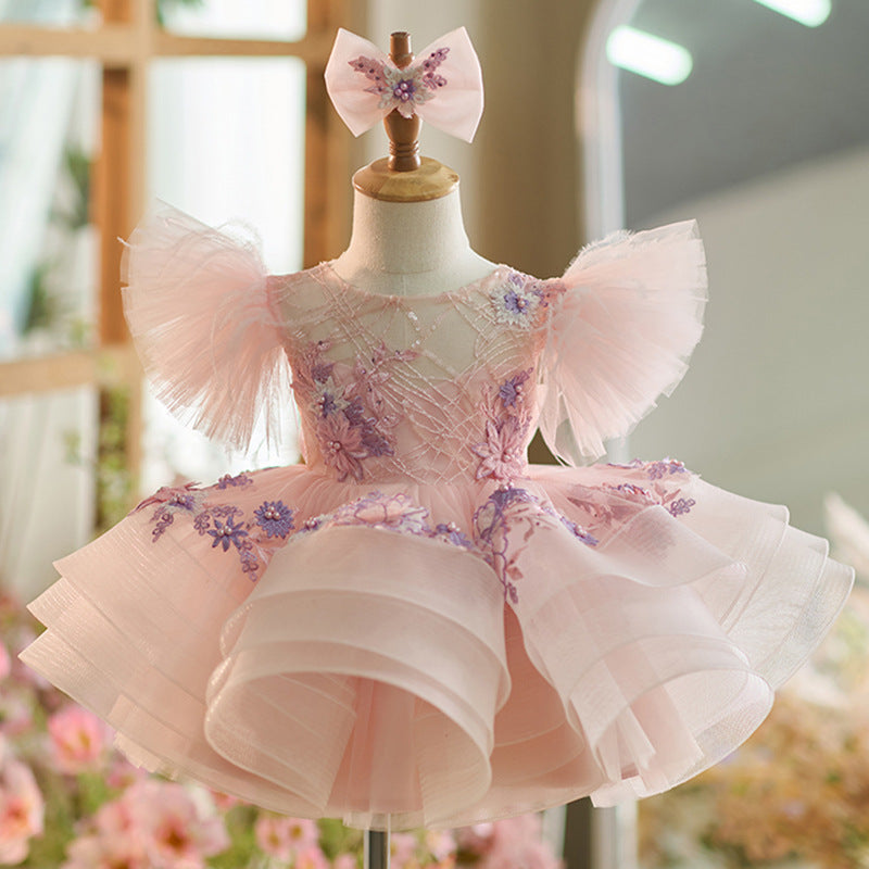 Floryme Puffy Sleeves Tulle Knee-length Baby Girl Birthday Dress