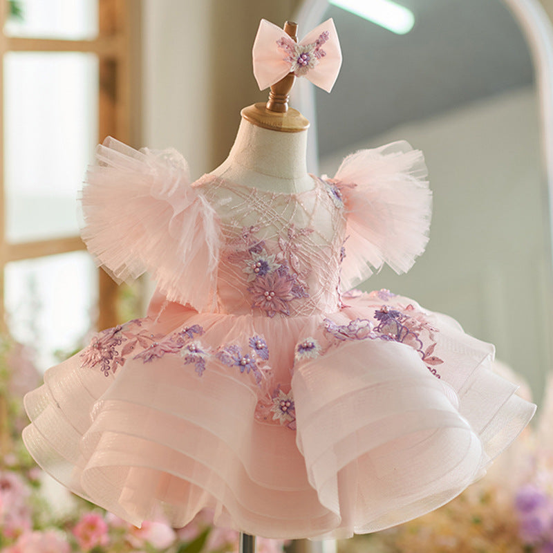 Floryme Puffy Sleeves Tulle Knee-length Baby Girl Birthday Dress
