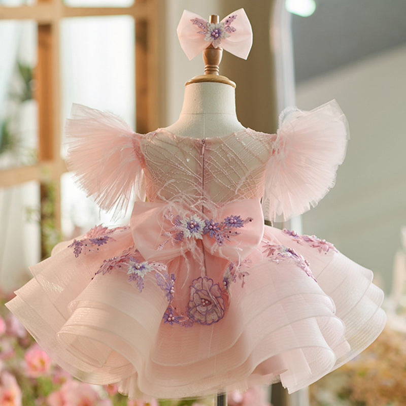 Floryme Puffy Sleeves Tulle Knee-length Baby Girl Birthday Dress