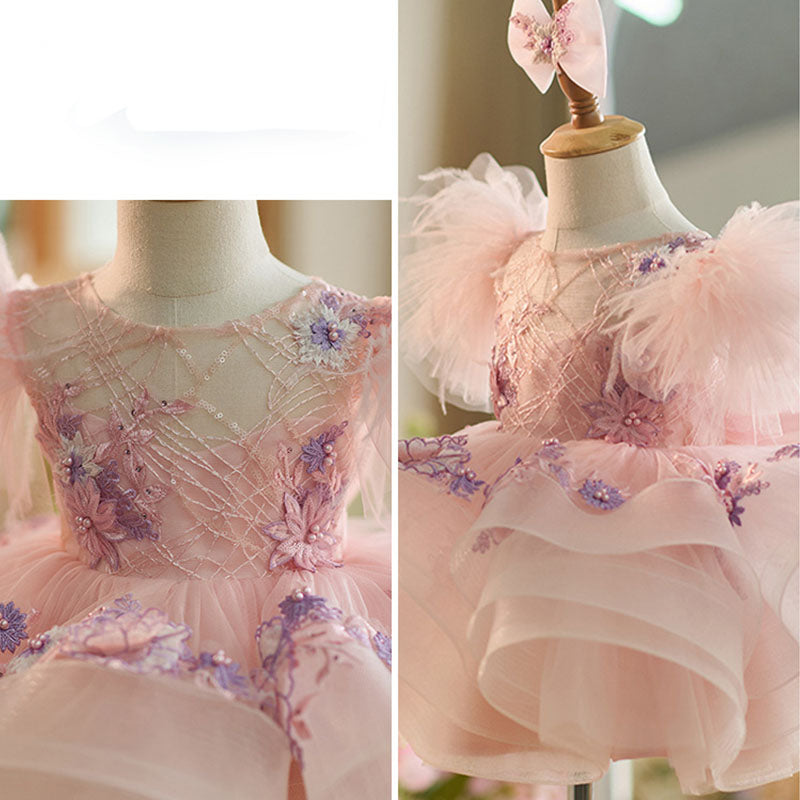 Floryme Puffy Sleeves Tulle Knee-length Baby Girl Birthday Dress