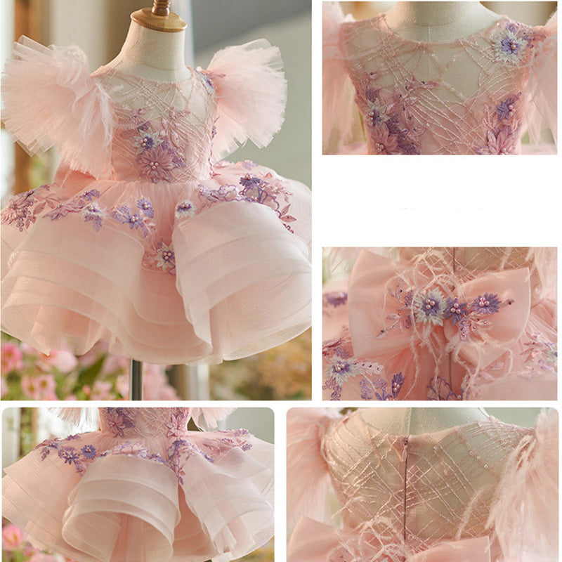 Floryme Puffy Sleeves Tulle Knee-length Baby Girl Birthday Dress