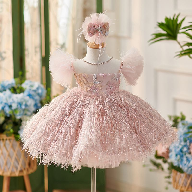 Floryme Puffy Sleeves Tulle Knee-length Toddler Birthday Dress