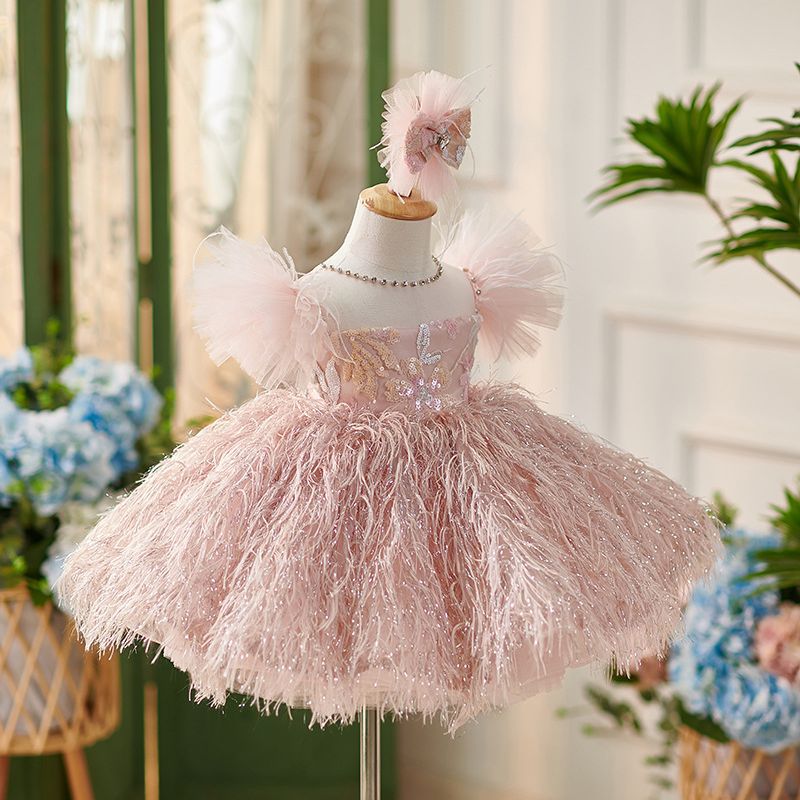 Floryme Puffy Sleeves Tulle Knee-length Toddler Birthday Dress